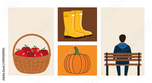 Flat design vector illustration of autumn harvest basket and person sitting on park bench enjoying fall season lifestyle
