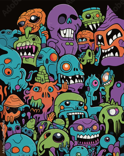 Cartoon Monster Characters Collection on Black Background