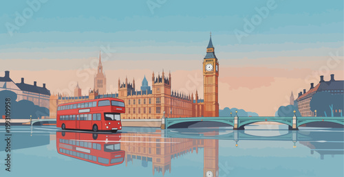 London Cityscape with Red Bus and Big Ben