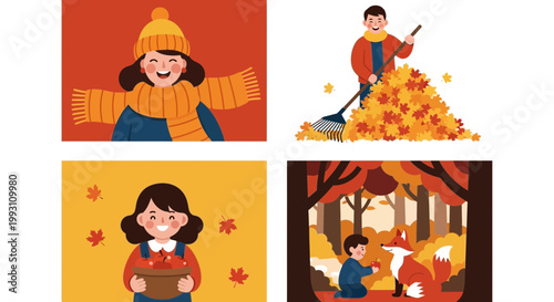 Flat design vector illustration of autumn leaf raking and friendly fox companion enjoying fall season lifestyle in warm sunlight