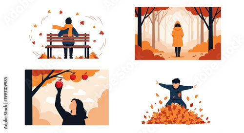 Flat design vector illustration of autumn season people enjoying fall foliage outdoors with warm sunlight creating a cozy lifestyle mood