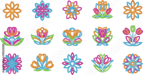 Colorful decorative floral ornaments vector set with stylized flowers, symmetrical designs and ornamental botanical illustration collection