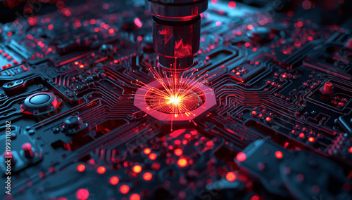 Advanced industrial laser manufacturing a microchip on a circuit board with glowing red sparks and high tech digital components