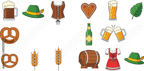 Oktoberfest Icon Set Featuring Beer, Pretzels, Traditional Clothing, and Festive Decorations for Beer Festival, German Culture, and Celebration Designs
