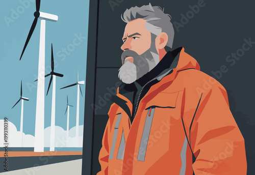 Man in Orange Jacket with Wind Turbines