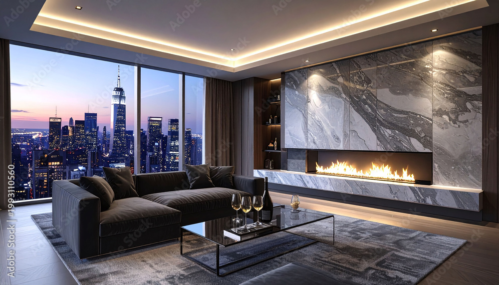 Naklejka premium A sophisticated penthouse lounge featuring a modern marble fireplace and panoramic city views at dusk. This elegant scene captures the essence of luxury urban living and highend design.