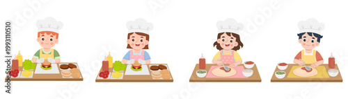 Illustration set of cheerful children cooking activities