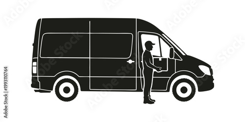 silhouette of a delivery man holding a package box standing in front of a delivery van