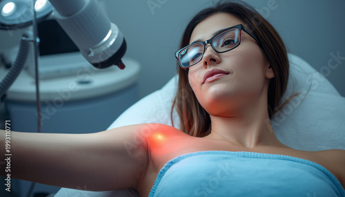 Beautiful young woman receiving laser hair removal treatment for underarms in a modern beauty clinic