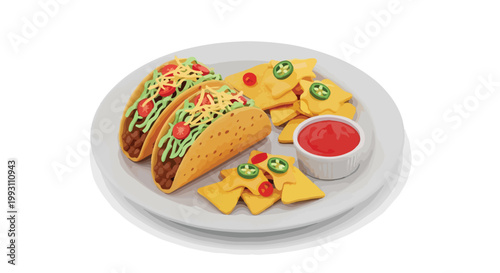 Two crispy tacos with nachos and salsa dip on a plate.