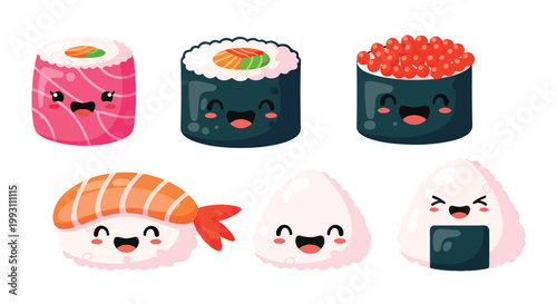 Set of cute kawaii sushi and onigiri characters with happy expressions.