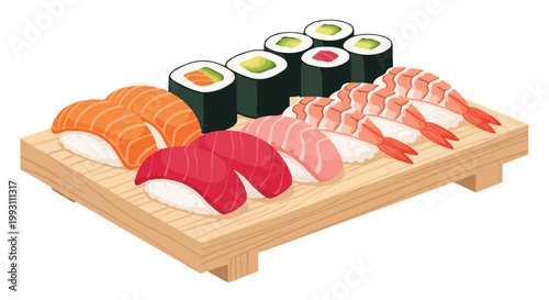 Assorted Japanese Sushi Set Served on a Wooden Tray.
