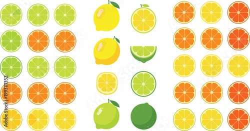 Citrus Fruit Icon Set Featuring Lemons, Limes, and Oranges in Various Cuts for Food, Beverage, and Nature Designs