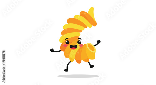 Cute cartoon fusilli pasta character jumping for joy.