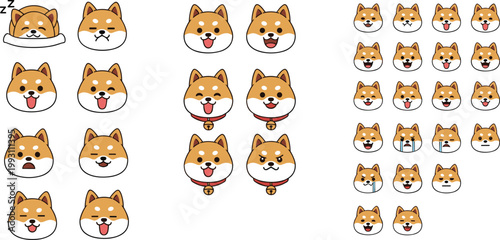 Cute Shiba Inu Dog Icon Set Featuring Various Expressions, Poses, and Emotions for Pet, Animal, and Kawaii Designs