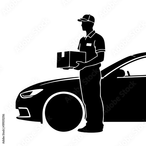 silhouette of a delivery man holding a package box standing in front of a delivery van