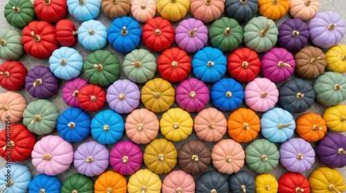 Colorful Pumpkins Arranged in Flat Lay Display for Autumn Decor with Vibrant and Unique Designs