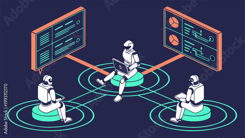 RPA command center visualization on dark navy background with dashboards.
