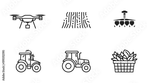 Modern Agricultural Icons: A collection of six meticulously designed icons, each depicting elements crucial to contemporary farming practices. The set showcases a drone, cultivated field.
