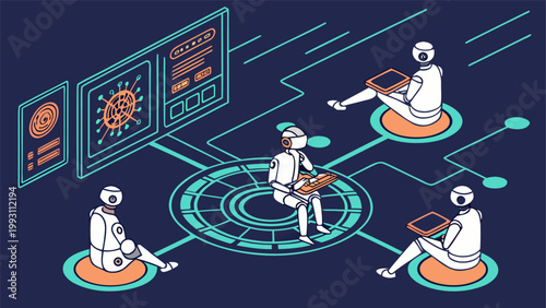 Futuristic RPA dashboard system on dark navy background visualization.