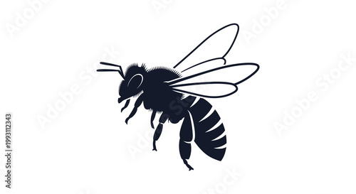 A detailed black silhouette of a honeybee in mid flight showcasing its form silhouette