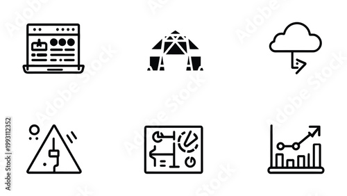 Digital Icons of Progress: A curated set of digital icons. representing web design, data management, cloud computing, risk, circuit board, and business analytics. Each icon, crisp and clear.