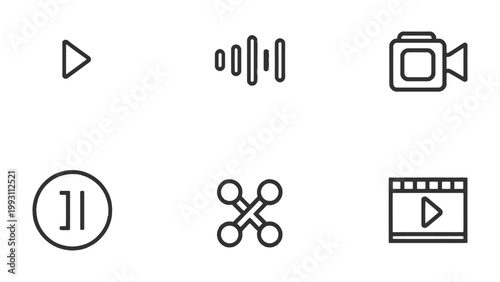 Multimedia Icons Set: A selection of minimalistic multimedia icons, perfect for digital interfaces, websites, and presentations. These sleek graphics represent core functions like play, pause, record.