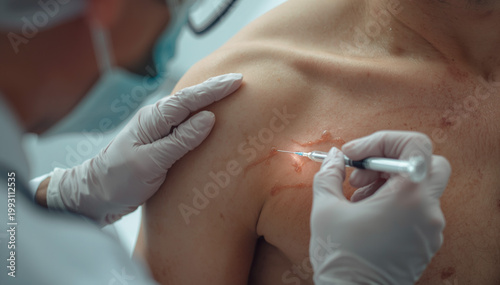 Medical professional performing a dermatological procedure by injecting treatment into scars on a patient shoulder and chest area