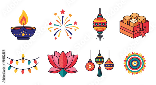 Set of colorful Diwali festival icons including diya oil lamp fireworks sweets box lotus flower and decorative lanterns for Indian Deepavali celebration isolated on white background