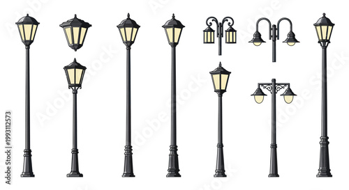 Collection of vintage street lamp and lamppost illustrations on white background