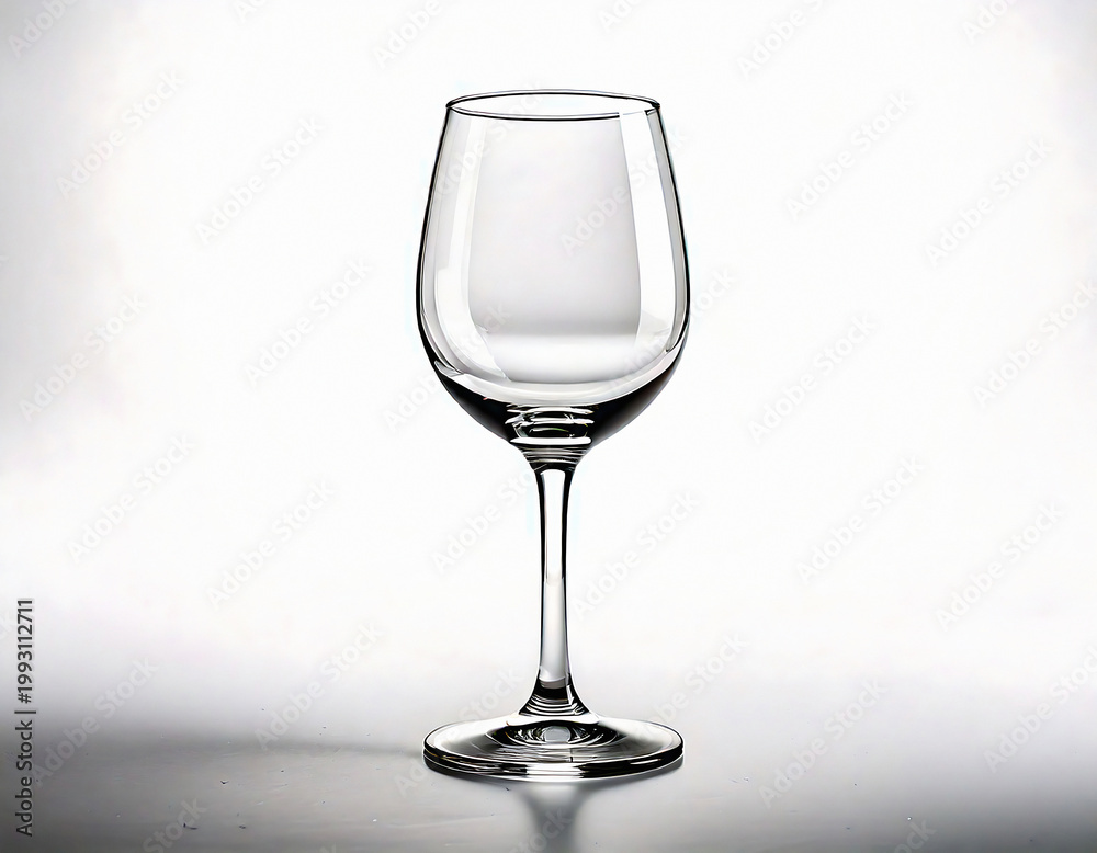 Obraz premium Explore the purity of design with this elegant empty wine glass on a minimalist white backdrop. A versatile asset for luxury branding, restaurant menus, or sophisticated lifestyle ads.