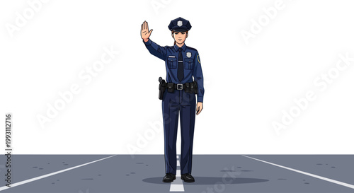 Female police officer holding up a hand to signal stop on the road.