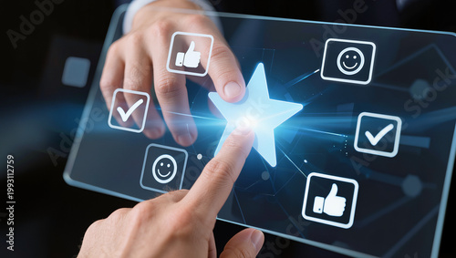 businessman hand touching digital star on futuristic interface for customer rating, interactive feedback concept with thumbs up and smiley icons on virtual screen, quality service evaluation 