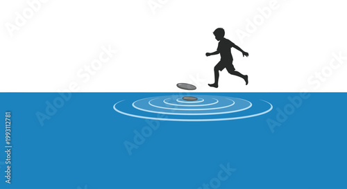 Child's silhouette playing stone skipping game on water.