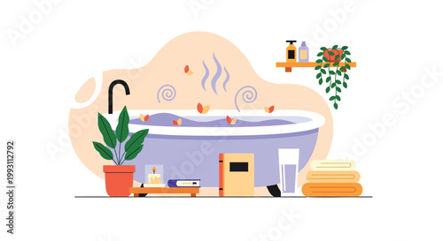 Relaxing bathroom scene, lavender bathtub, spa elements, home decor, vector illustration