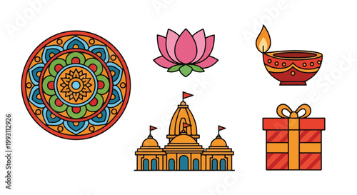 Set of Diwali festival icons including a colorful rangoli mandala, pink lotus flower, traditional diya oil lamp, Hindu temple architecture, and a red gift box for Indian celebrations