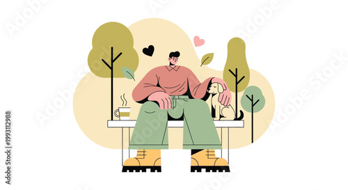 Flat design illustration of a man sitting on a bench in a park, relaxing with a cup of coffee, peaceful atmosphere, vector graphics