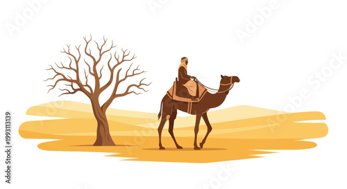 Man riding a camel through a dry desert landscape with a bare tree.