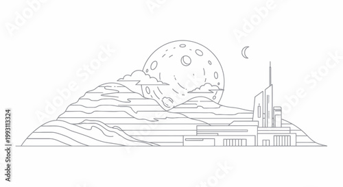 Futuristic landscape with a sci-fi city under a large moon, minimalist line art illustration.
