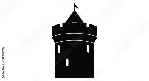 A dark imposing castle tower stands against a bright white background silhouette