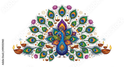 Colorful peacock illustration with traditional diya oil lamps and lotus flowers for Diwali festival celebration in India, decorative ethnic vector art design