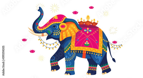 Decorative Indian elephant illustration with traditional ornaments oil lamps and lotus flowers for Diwali festival celebration and cultural events in India