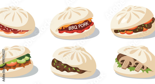 Set of various steamed bao buns with different savory fillings.