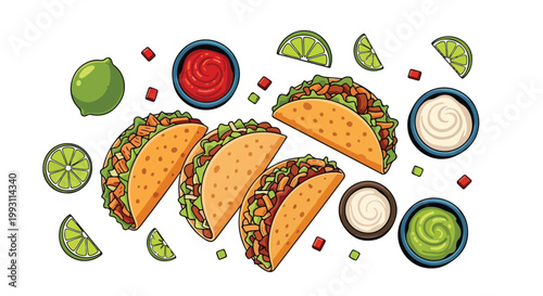 Top view of delicious Mexican tacos with assorted dips and lime slices.