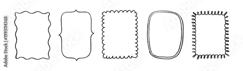 Hand drawn doodle frames set. Vector sketchy borders with wavy, scalloped, and looped edges. Blank black outline rectangular text boxes isolated on white background.