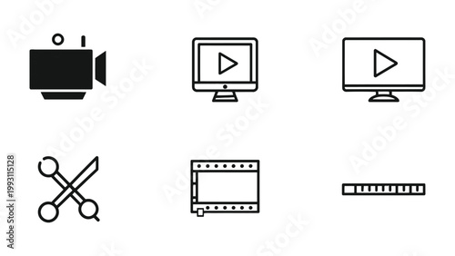 Video Editing Icons: A collection of concise icons depicting tools and symbols associated with the process of video creation, serving as a visual guide to the components involved.