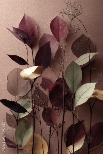 botanical autumn inspired abstract background with silhouettes of leaves, vertical composition, burgundy and green sage tones