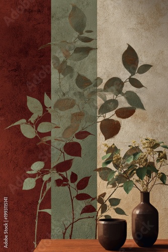 Vertical mockup abstract background with botanical plant elements in green sage and burgundy color backdrop with copy space
