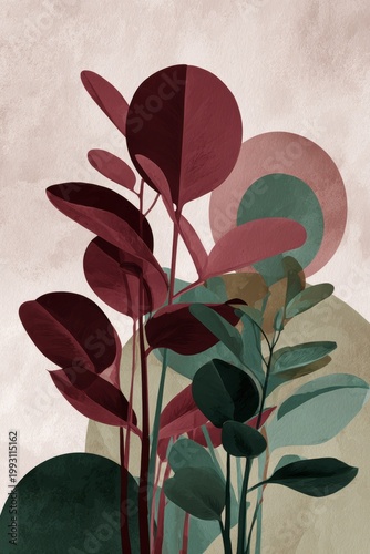 Vertical mockup abstract background with botanical plant elements in green sage and burgundy color backdrop with copy space