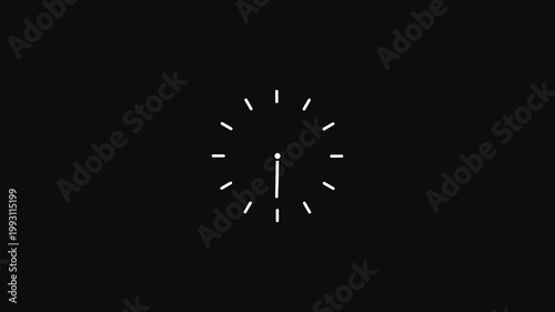 Minimalist white clock face on black background with hour and minute hands ticking time passing concept.